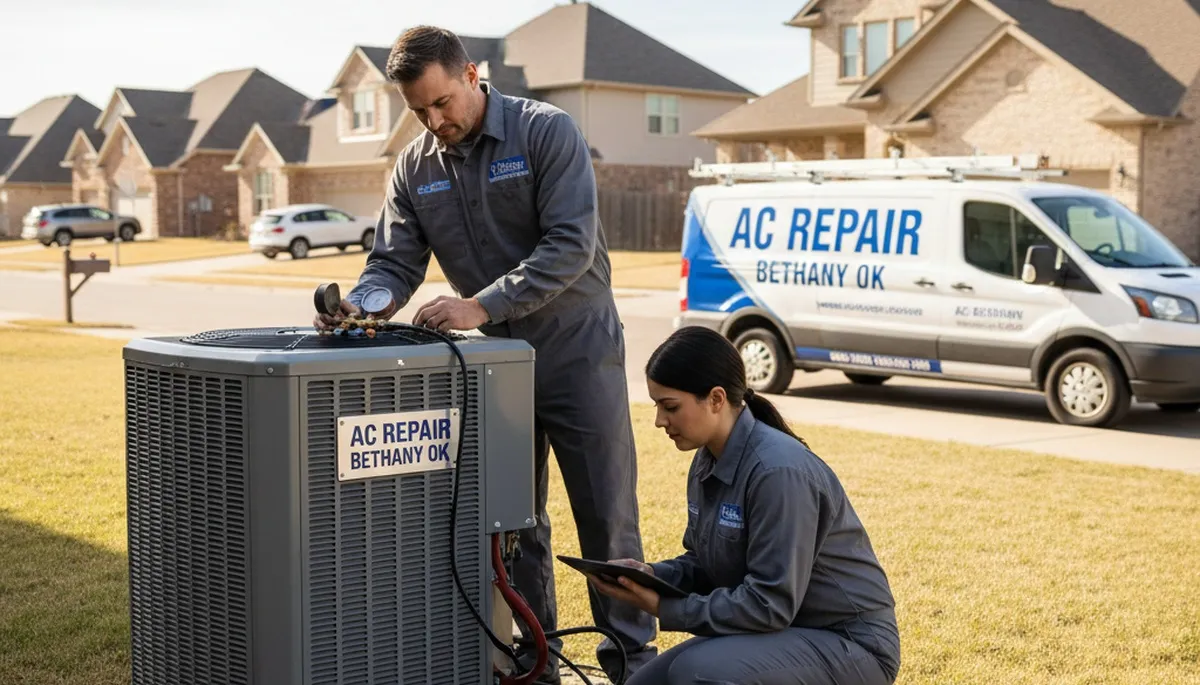 Professional AC repair technician servicing air conditioner in Oklahoma City OK home