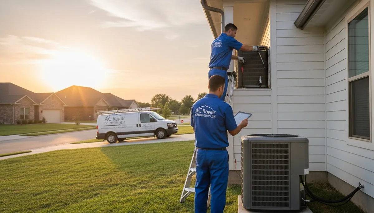 Professional AC repair technician servicing air conditioner in Oklahoma City OK