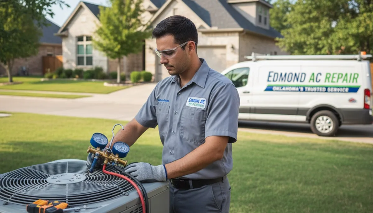 Professional AC repair technician servicing air conditioning unit in Oklahoma City OK