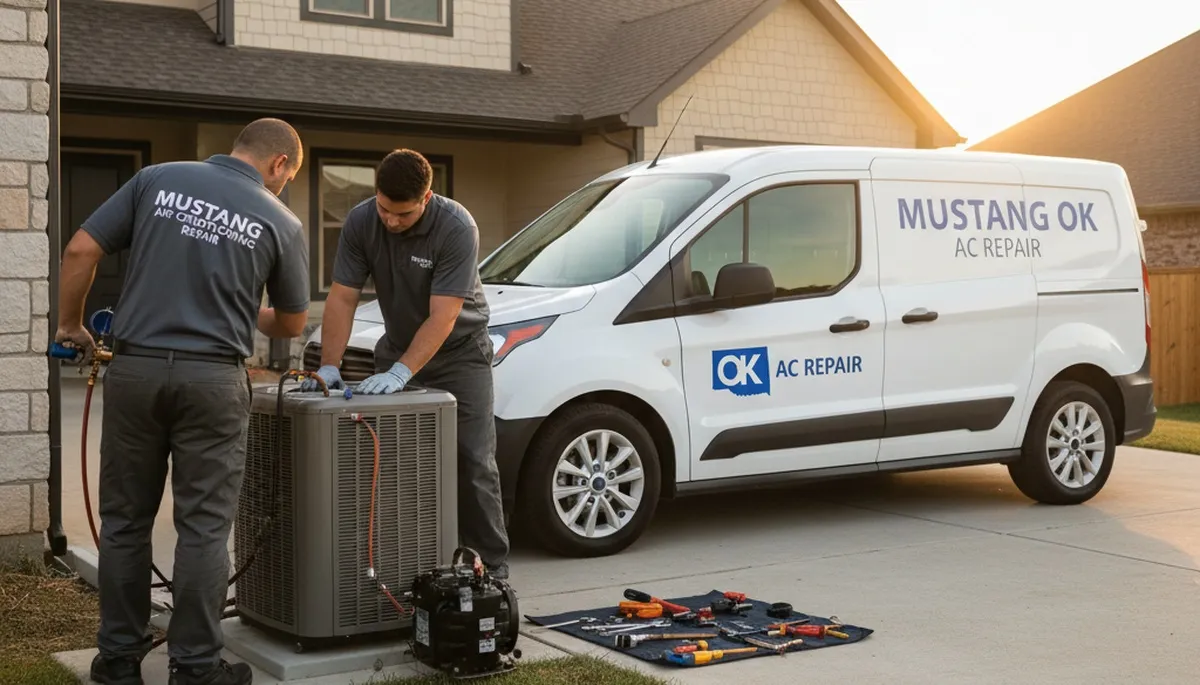 Professional AC repair service technician in Oklahoma City OK fixing residential air conditioning unit