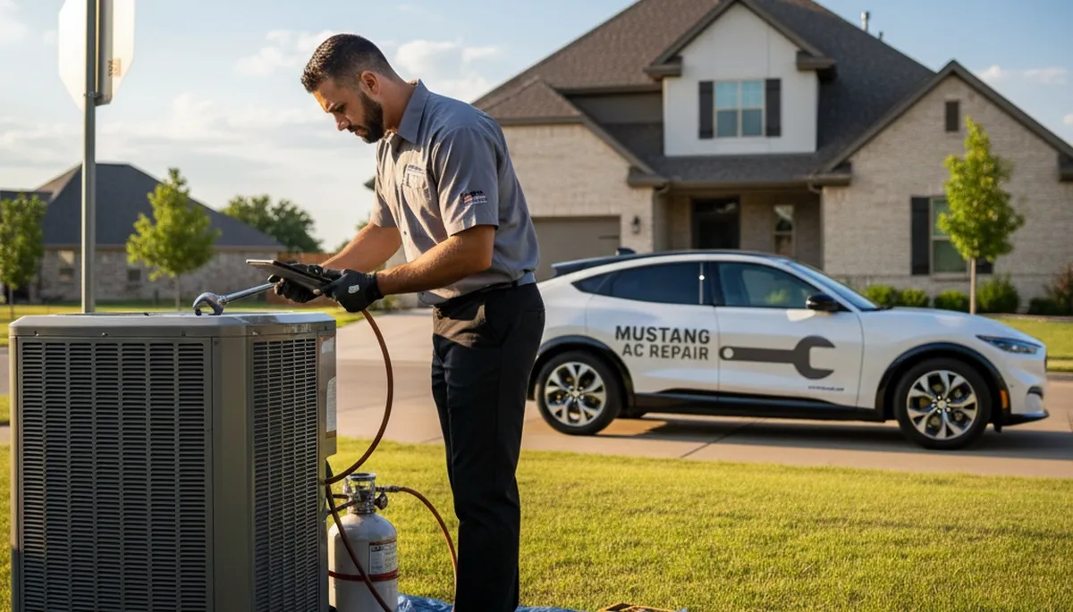AC repair technician servicing cooling unit in Oklahoma City OK home