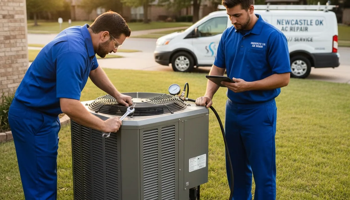 Professional AC repair technician servicing air conditioner in Oklahoma City OK home