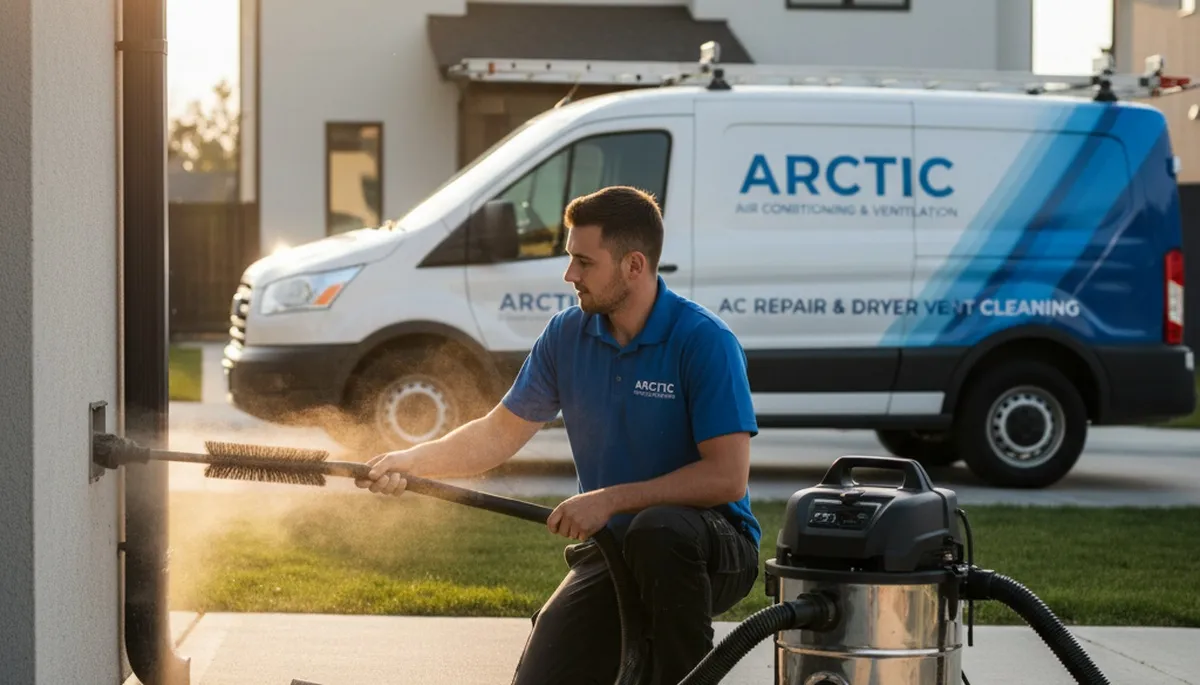 Technician performing professional dryer vent cleaning in Oklahoma City, OK home