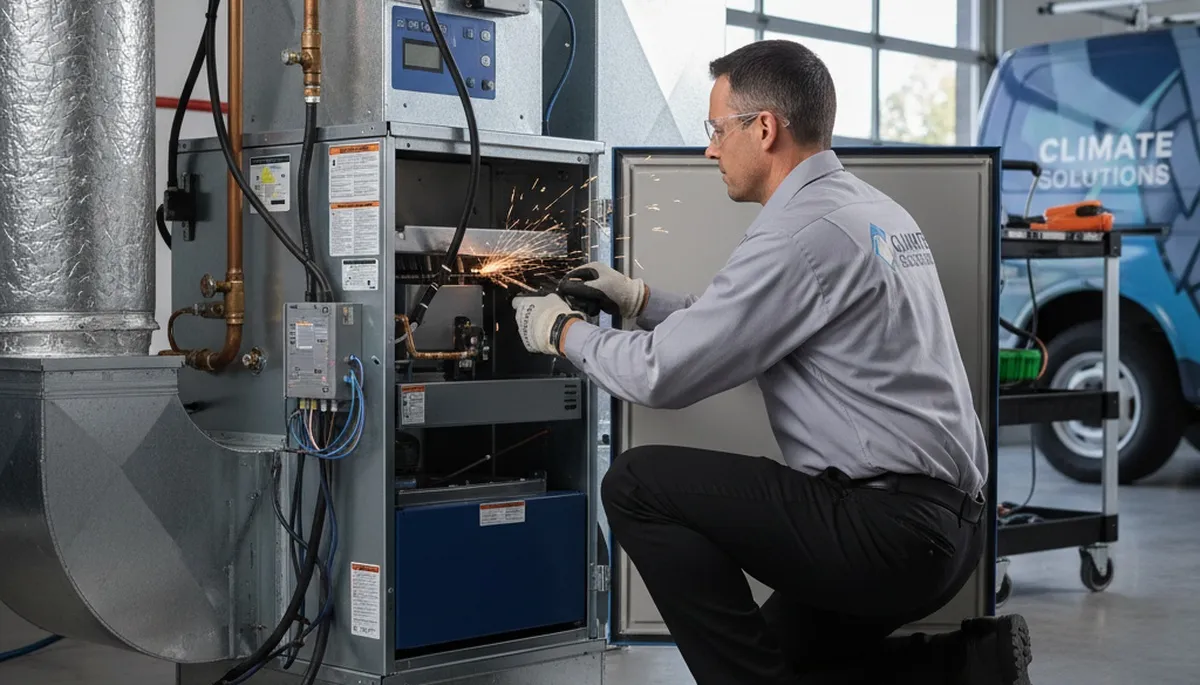 Technician performing furnace repair in Oklahoma City, OK for Five Star Cooling home heating service
