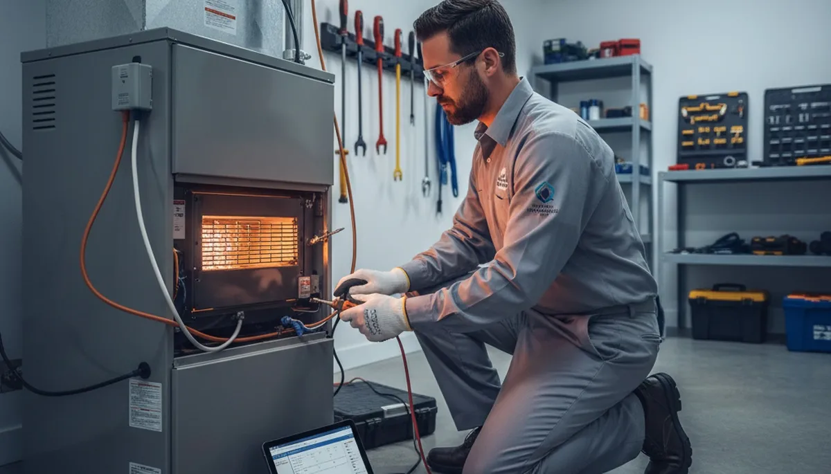 Technician performing heating repair service in Oklahoma City, OK for Five Star Cooling